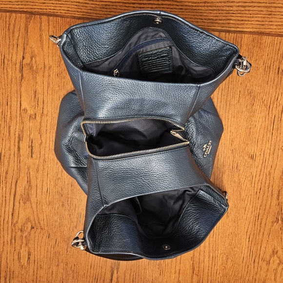 Coach Metallic Navy Pebbled Leather Boho Shoulder Bag w/ Silver Accents - Picture 7 of 12